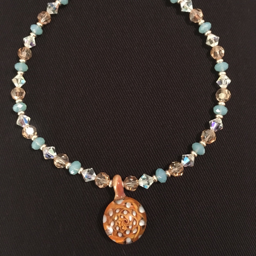 Hand made beaded necklace glass pendant